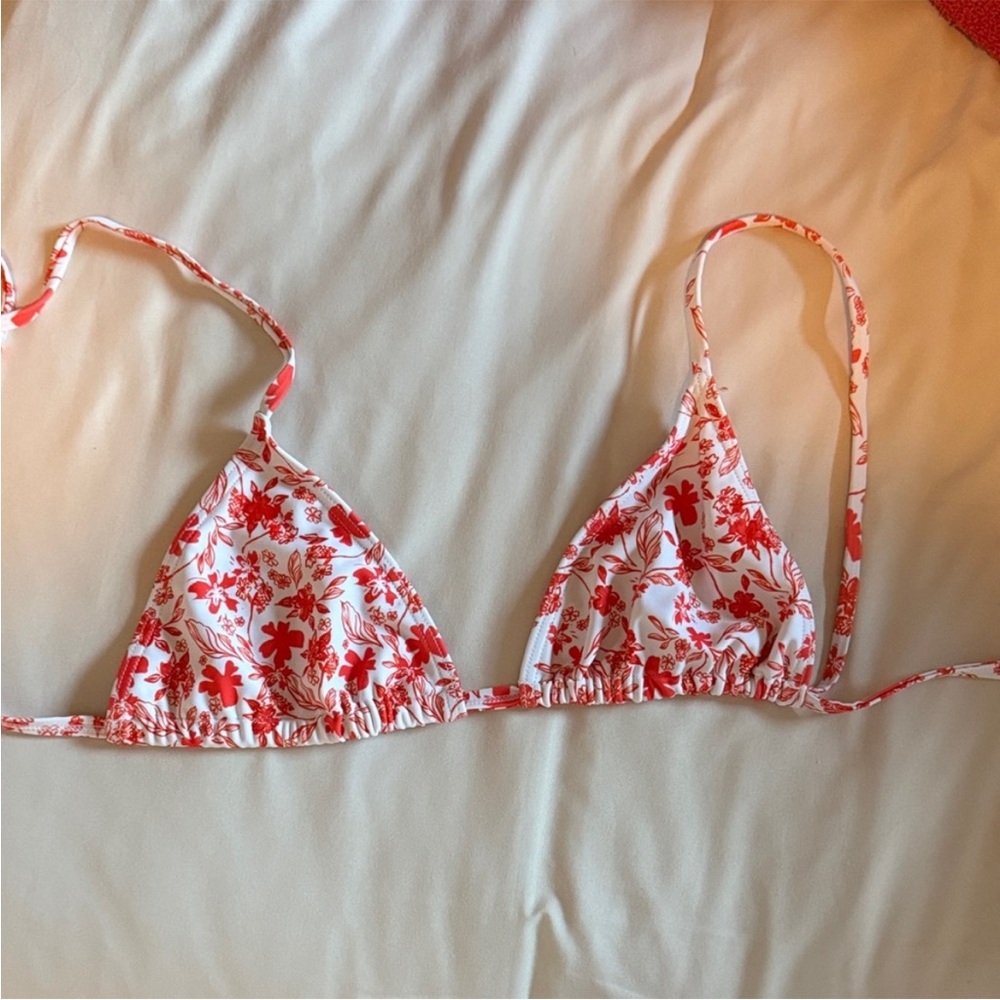Kulani Kinis Red and White Floral High-Waist Bikini, top small bottoms medium